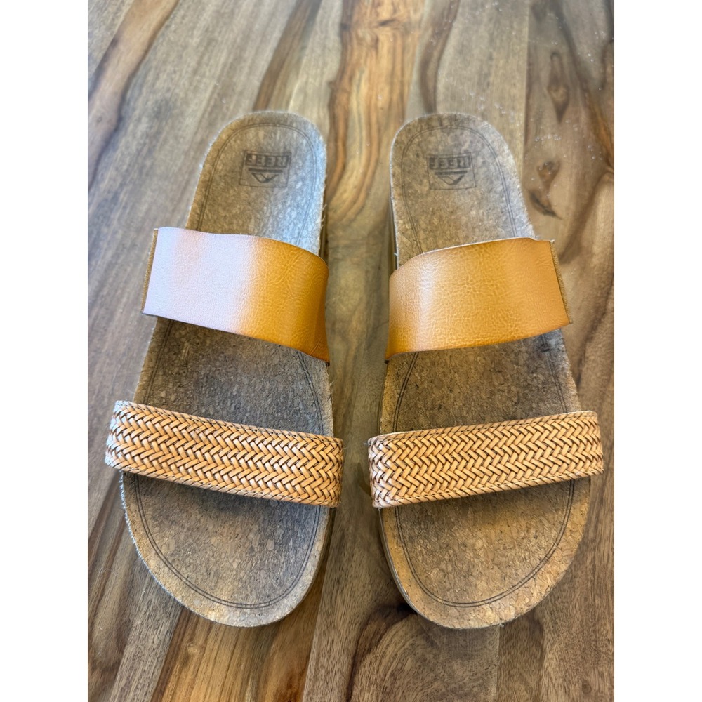 Reef Cushion Vista Hi Tan Gold Woven Platform Slide Sandals Womens 12 H-22 JHV